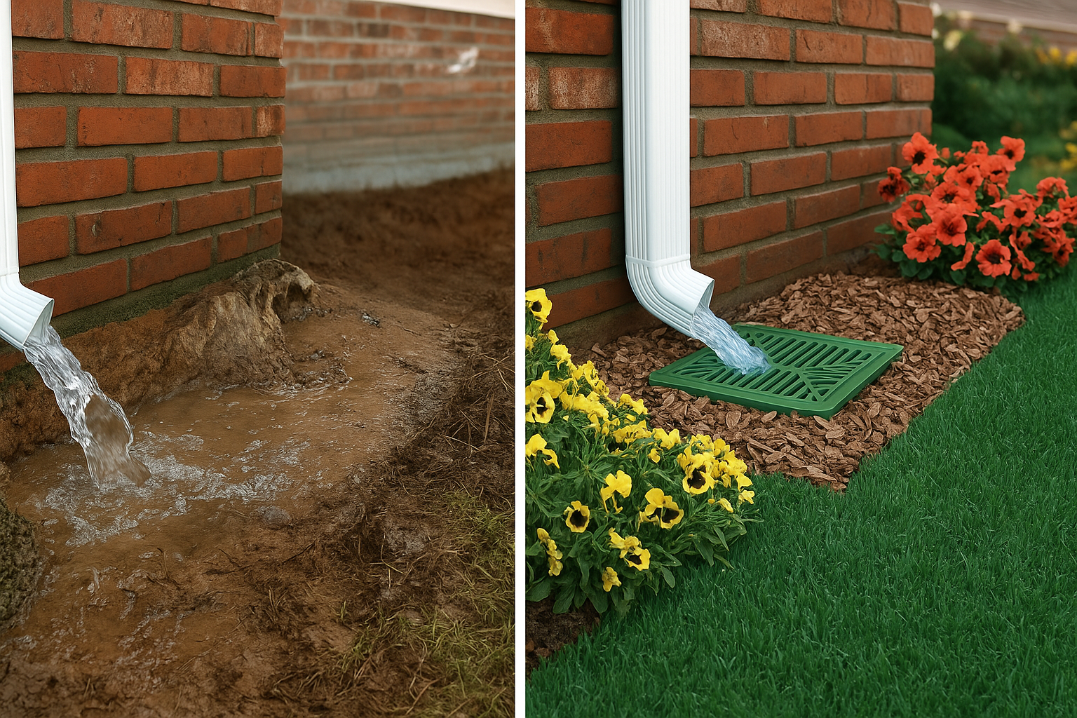 Before and after comparison of a home drainage solution showing water damage vs. improved downspout with landscaping and catch basin
